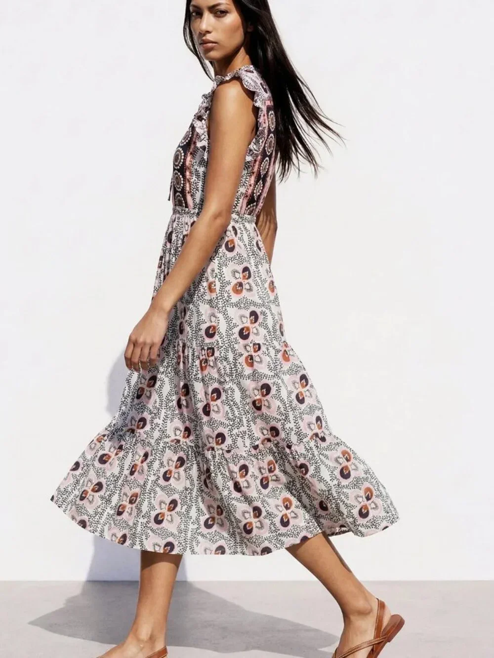 FIGUE Clara Tiered Midi Dress in Water Lily Brown Flowy Boho Sleeveless Shift LG
